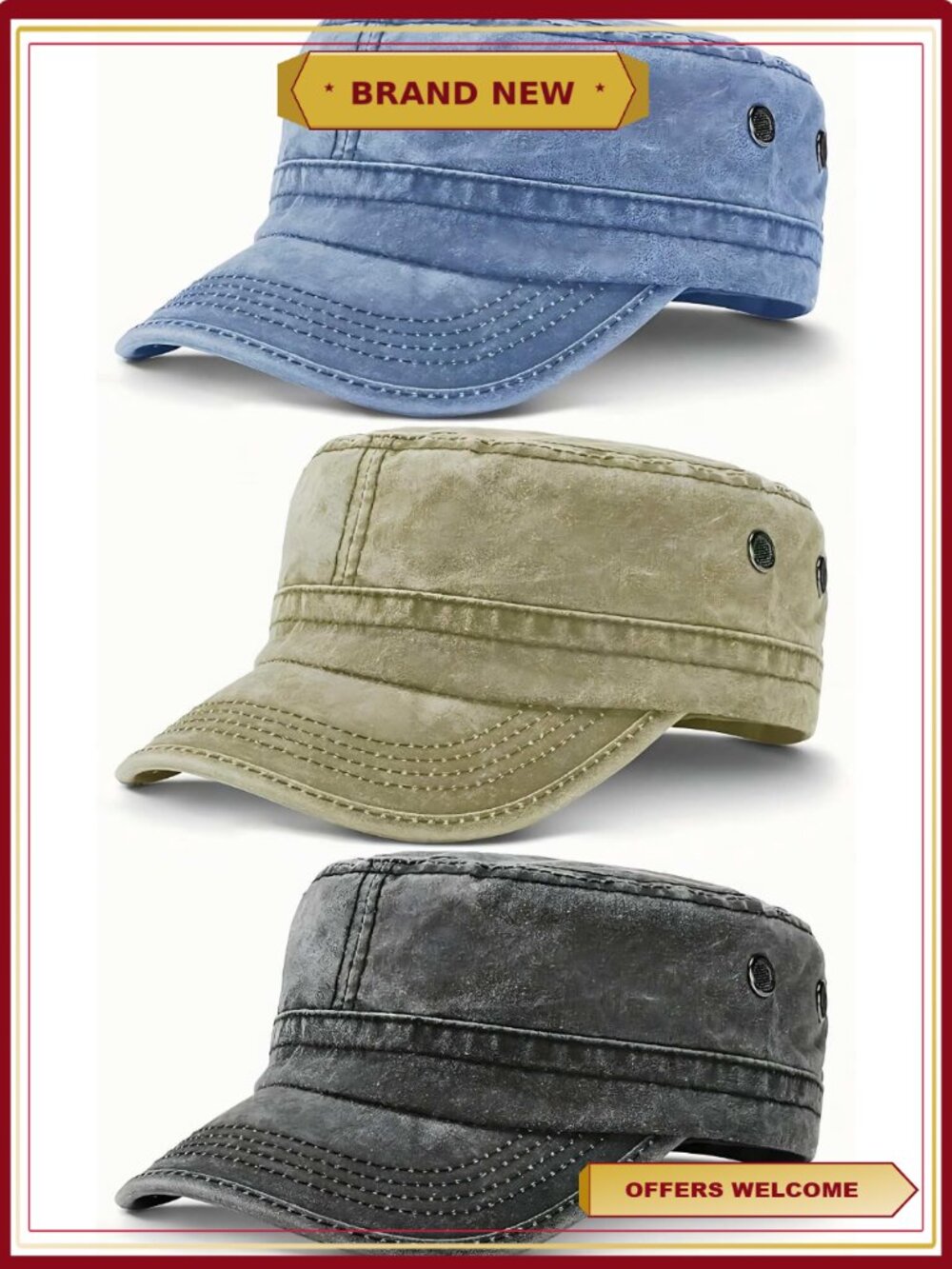 Washed Cotton Military Cadet Hat Adjustable Flat Top Cap Unisex 3 Pieces
